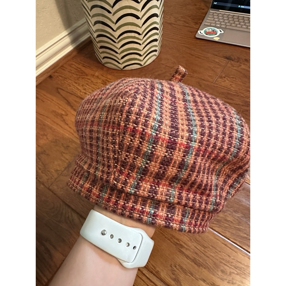 Goorin Bros Wool Tweed Plaid Beret Newsboy Cap Hat Stem Top Orange Brown